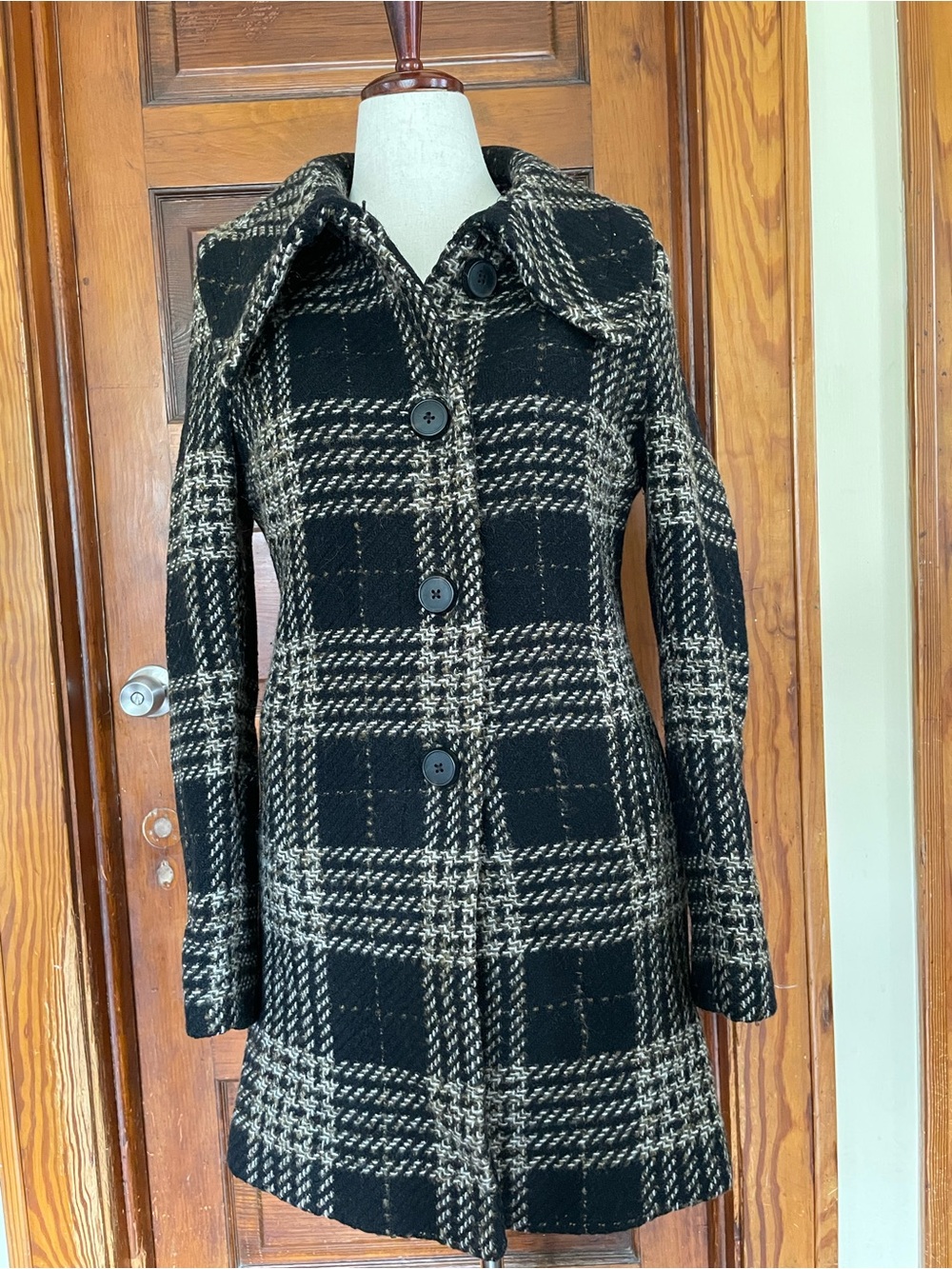 Anne Klein Black and Cream Plaid Wool-Blend Pea Coat